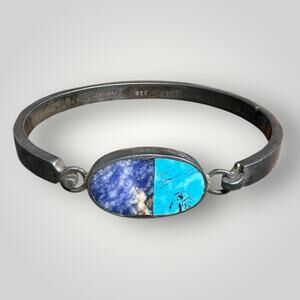 VTG Sterling Silver 925 Turquoise & Lapis Inlay Hinged Bangle Bracelet 7”